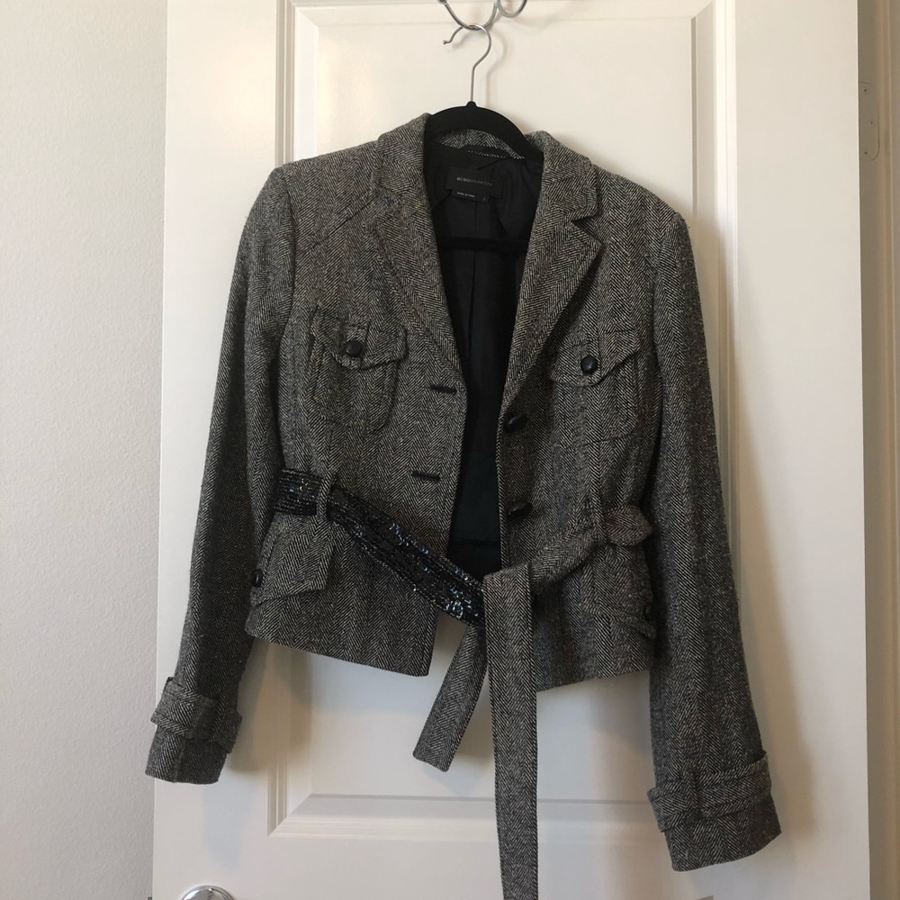 BCBG L Tweed Button Down Jacket with Sequins Belt